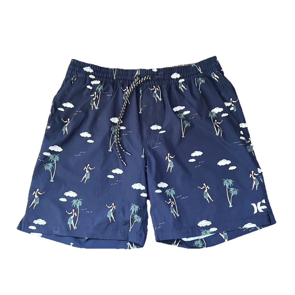 Hurley Men's Size Large Blue Hula Girl Print Mesh Lined Pocketed Swim Trunks